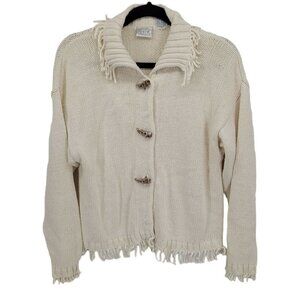 Previews Womens medium beige toggle button cardigan sweater fringe cotton knit